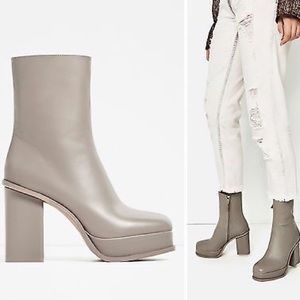 New ZARA Grey Leather Ankle Boots Lined Platform